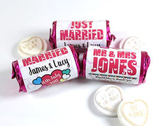 Load image into Gallery viewer, Personalised Mini Love Hearts Favours Just Married for Guests Table Favours. Each roll Contains 7 indivudual Sweets Suitable for Vegetarians (60)