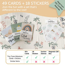 Load image into Gallery viewer, Tiny Trees Baby Milestone Cards and Stickers in Keepsake Gift Box - 49 Baby Moment Cards Plus 18 Easy Peel Stickers - Baby Shower Gifts for Mum New Parent Pregnancy Newborn Baby Gift Boy Girl