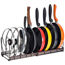 Load image into Gallery viewer, Toplife Expandable Pans Organiser Rack, 10 Adjustable Compartments, Pantry Cabinet Bakeware Lid Plate Holders, Brown