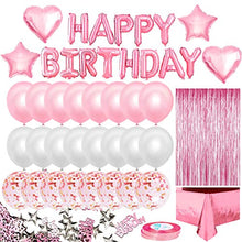 Load image into Gallery viewer, iZoeL Pink Birthday Party Decoration for Girls Happy Birthday Banner Baloons Fringe Curtain Foil Tablecloth Heart Star Foil Confetti Balloons and 10g Table Confetti for Women Birthday Party