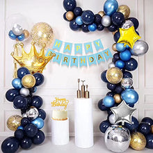 Load image into Gallery viewer, Blue Gold Balloons Arch Garland Kit, Blue Gold Birthday Decorations Navy Blue Balloons HAPPY BIRTHDAY Banner Metallic Blue Gold Silver Balloons Gold Confetti Balloons Crown Star Balloons