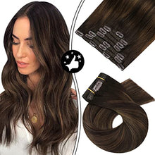 Load image into Gallery viewer, Moresoo Real Hair Extensions Clip in Human Hair Dark Brown Hair Extensions 16 Inch Balayage Clip in Hair Extensions Dark Brown to Medium Brown Ombre Hair Clip Ins 120Grams 7PCS