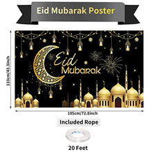 Load image into Gallery viewer, Eid Mubarak Backdrop Banner, Black Gold Eid Mubarak Sign Banner with Stars Moon Mosque, Extra Large Fabric Muslim Ramadan Photo Booth Wall Background Decorations for Islamic Al-fitr Festival Party
