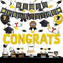Load image into Gallery viewer, Graduation Party Decorations 2022 Black and Gold Graduation Congrats Balloons We are So Proud of You Banner Graduation Cap Garland Hanging Swirls Confetti Congratulations Balloons Grad Party Supplies