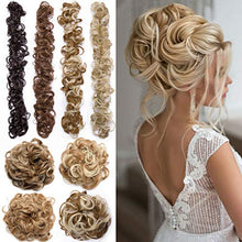 Load image into Gallery viewer, Scrunchy Hair Extension Updo Clip in Bun Donut Hairpiece Drawstring Wrap Around Hair Extension Messy Wavy Curly Chignons Wig Light Blonde mix Ash Blonde