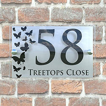 Load image into Gallery viewer, MODERN DECORATIVE BUTTERFLIES HOUSE SIGN PLAQUE DOOR NUMBER STREET GLASS EFFECT ACRYLIC ALUMINIUM NAME DECA5-28B-S-C-B1