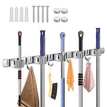 Load image into Gallery viewer, Broom Organizer,broom Holder Stainless steelmopholder waterproof and Non-slip ,suitable for Garden Garage Laundry Room Organization Broom Rack Wall-mounted (4 Hooks and 5 Slots)
