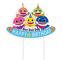Load image into Gallery viewer, Party Squad shark party theme happy birthday decoration set birthday banner balloons with shark family helium balloons cake topper and bunting banner for kid’s birthday decoration girls and boys