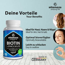 Load image into Gallery viewer, Vitamaze® Biotin 10000 mcg High Dose + Selenium + Zinc for Hair Growth, Skin and Nails, 365 Vegan Tablets for 1 Year, German Quality, No Unnecessary Additives