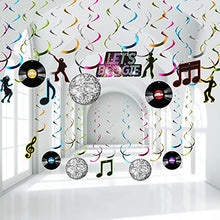 Load image into Gallery viewer, 70's Disco Party Decorations, Let's Boogie Banner Music Record Decorations Disco Foil Swirl Ball Hanging Decorations for 1970s Disco Fever Party Decorations, 30 Pieces