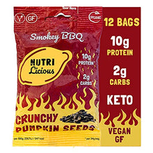 Load image into Gallery viewer, Nutrilicious Smokey BBQ Pumpkin Seeds - Keto & Low Carb, Vegan, Gluten Free, High Protein, High Fibre, Nut Free, Healthy Snacks - 100% Organic (12 x 34g)