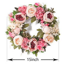 Load image into Gallery viewer, LASPERAL 15" Door Wreath, Artificial Pink Peony Flower Wreath for Front Door Spring Valentine Floral Outdoor Wreath for All Seasons, Wedding, Wall, Home Decor
