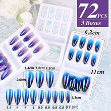Load image into Gallery viewer, 72 Pieces Reusable Artificial Nail Tips Full Cover Nail Tips Press On Nails Art False Tips Gradient Purple Glitter Silver Shinning Dark Blue