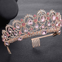 Load image into Gallery viewer, Lurrose Bridal Crown Sparkle Rhinestone Queen Tiara Vintage Crystal Princess Crown with Side Comb for Wedding (Rose Gold and Pink)