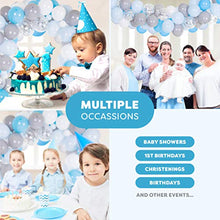 Load image into Gallery viewer, PartyBro Balloon Arch & Garland Kit | Blue, White, Grey, & Silver Balloons | Including Tying Tool, Balloon Tape, & Glue Dots | Decoration for Birthdays, Baby Showers, or Christenings for Boys & Men