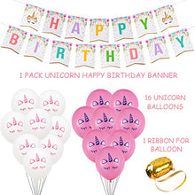 Load image into Gallery viewer, 16 Guests Unicorn Party Supplies Unicorn Party Plates Cups and Napkins Table Cloth Balloons Banner Headband Unicorn Paper Plates Straws Pink Unicorn Birthday Party Decorations for Girls