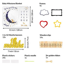 Load image into Gallery viewer, Baby Milestone Blanket With Birthday Banner | Monthly Photo Mat for Boy or Girl, Unisex | Age Mat | Personalised Baby Shower Present for New Mums | Moon & Stars Theme | Includes Year Banner