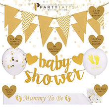 Load image into Gallery viewer, Baby Shower Decorations & Games Pack for Boys/Girls. Unisex Gold/Yellow Design Decos. Bingo + 3 Other Games & Full Set of Baby Shower Decorations - incl Mummy to be Sash, Bunting, Balloons & Confetti.
