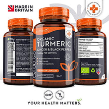 Load image into Gallery viewer, Organic Turmeric 1440mg (High Strength) with Black Pepper & Ginger - 180 Vegan Turmeric Capsules (3 Month Supply) – Organic Turmeric with Active Ingredient Curcumin - Made in The UK by Nutravita