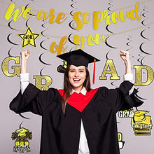 Load image into Gallery viewer, ADXCO Graduation Party Decorations 2022 Graduation Hanging Swirls Foil Ceiling Streamers with We Are so Proud of You Banner for School Classroom Grad Party Decor Supplies (Black and Gold)