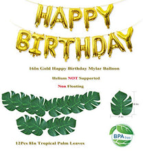 Load image into Gallery viewer, Jungle Theme Party Supplies - 16 inch Happy Birthday Banner with 12pcs Palm Leaves 30pcs Latex Balloons 5pcs Confetti Balloons and 1pcs Balloon Strip for Dinosaur Jurassic Forest Hawaiian Party Decor