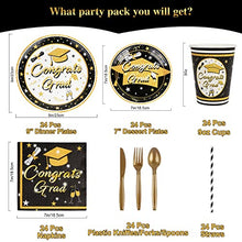 Load image into Gallery viewer, OurWarm Black Gold Graduation Party Supplies 2022, Graduation Party Tableware Including Tablecloth Banner Paper Party Plates Cups Straws Napkin Dinnerware Set for Graduation Decoration - for 24 Guests
