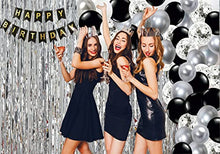 Load image into Gallery viewer, OXOSED Party Decorations - Happy Birthday Banner with Silver, Black, Silver Confetti Party Balloons – Complete Birthday Decorations Set for Men and Women - Happy Birthday Banner Black and Silver