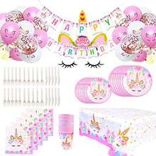 Load image into Gallery viewer, Himeland 129 Pcs Unicorn Birthday Decorations for Girls, Pink Unicorn Party Supplies and Plates for Birthday, Disposable Tableware Kit Serves 16 (Plates Cups Napkins Tablecloth Paper Banner)