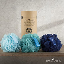 Load image into Gallery viewer, Recycled Shower Bath Loofah, Body Brush, Pouf Sponge, Exfoliating Bath Scrunchie, Multi pack Bathroom Puff, Eco toiletries, Foam balls (Ocean Blues)