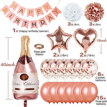 Load image into Gallery viewer, Rose Gold Party Decorations Happy Birthday Confetti Balloons with Banner,Giant Champagne Foil Balloons,Star Heart Foil Balloons,Tissue Paper Pompoms for 1st 2th 3td 16th 18th 21st 25th 30th 50th 60th