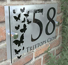 Load image into Gallery viewer, MODERN DECORATIVE BUTTERFLIES HOUSE SIGN PLAQUE DOOR NUMBER STREET GLASS EFFECT ACRYLIC ALUMINIUM NAME DECA5-28B-S-C-B1