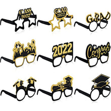Load image into Gallery viewer, 36 Pieces Graduation Eyeglasses Decoration, Glitter Gold and Black Class of 2022 Photo Booth Props Frame Fancy Paper Eyeglasses for Congrats Grad Party Favors Supplies, 9 Styles
