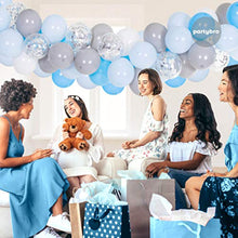 Load image into Gallery viewer, PartyBro Balloon Arch & Garland Kit | Blue, White, Grey, & Silver Balloons | Including Tying Tool, Balloon Tape, & Glue Dots | Decoration for Birthdays, Baby Showers, or Christenings for Boys & Men