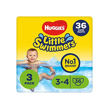 Load image into Gallery viewer, Huggies Little Swimmers, Swim Nappies - Size 3-4, 36 Baby Swim Pants - Leak Guards and Stretchy Waistband Protect Without Swelling - Tear Sides for Easy Removal
