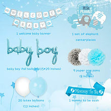 Load image into Gallery viewer, Elephant Baby Shower Decorations Boy, Welcome Baby Banner Bunting, Foil Letter Balloon Blue, MOMMY TO BE Sash, Elephants Cake Toppers, Pom Poms for Elephant Baby Shower Party Supplies