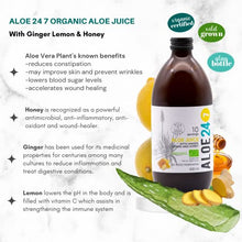 Load image into Gallery viewer, Aloe 24/7 Organic Aloe Vera Juice | Made with Wild Grown Aloe Ferox Leaf Extract | Ginger-Lemon-Honey | 100% Natural Synthetic Additives Free in GLASS BOTTLE | For Healthy Indigestion | 500 ml