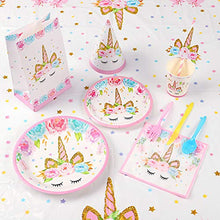 Load image into Gallery viewer, 176 PCs Unicorn Party Supplies Birthday Decorations Paper Plates Cups Napkins Straws Reusable Cutlery Table Cloth Bags Hats Backdrop Banner Balloons Unicorn Party Decorations for Girls 16 Guests