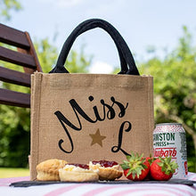 Load image into Gallery viewer, Personalised mini jute bag | Personalised teacher gifts | UK (Black bag - Black text)