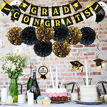 Load image into Gallery viewer, Zerodeco Graduation Party Supplies 2022, Black and Gold Graduation Decorations Congrats Grad Banner, Hanging Swirls, Paper Pompoms, Sash, Balloons, Foil Curtain, Paper Tassel for Grad Decorations