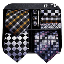 Load image into Gallery viewer, Hi-Tie Silk Mens 3 PCS Tie Set with Gift Box Designer Necktie Handkerchief Cufflinks Silver Ties Clip Set Collection, Pink Gray Orange, Medium