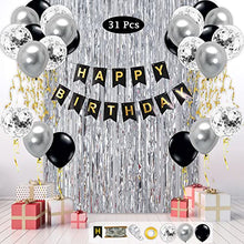 Load image into Gallery viewer, OXOSED Party Decorations - Happy Birthday Banner with Silver, Black, Silver Confetti Party Balloons – Complete Birthday Decorations Set for Men and Women - Happy Birthday Banner Black and Silver