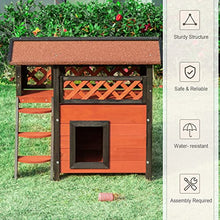 Load image into Gallery viewer, PawHut Cat House Outdoor Kitten Shelter Puppy Kennel with Balcony Stairs Asphalt Roof, 77 x 50 x 73 cm, Brown