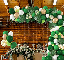Load image into Gallery viewer, 146 Pcs Jungle Safari Theme Party Supplies Balloon Arch Garland Kit 12'' 10'' 5'' Green Balloons with Palm Leaves Animal Balloons for Kids Birthday Baby Shower Decorations with 3 Pcs Balloon Tools
