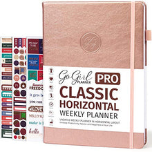 Load image into Gallery viewer, GoGirl Planner PRO - Undated Horizontal Layout Weekly Planner and Organizer + Budgeting and Expense Tracking Pages, Goals Journal & Agenda, 7" x 10" Hardcover, Lasts 1 Year - Rose Gold