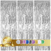 Load image into Gallery viewer, 3Pcs Silver Metallic Tinsel Foil Fringe Curtains,3.28ft x 6.56ft Silver Photo Booth Backdrop Streamer Curtain,Photo Booth Props,Ideal for Bachelorette,Birthday,Christmas,New Year Party Decorations …