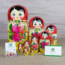 Load image into Gallery viewer, Heka Naturals Russian Nesting Dolls, 10 Traditional Matryoshka Classic Semyonov Red Style | Wooden Doll Gift Toys, Hand Made in Russia | Semyonov Red, 10 piece, 25 cm (9.85 inches)