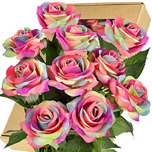 Load image into Gallery viewer, FiveSeasonStuff Real Touch Roses Artificial Flower 10 Stems Silk Roses 'Fresh Like ‘Petal Feel’ Bouquet of Flowers Floral Arrangements (Rainbow #17)