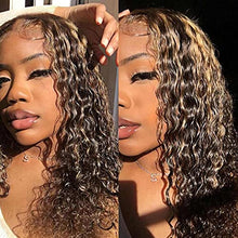 Load image into Gallery viewer, Highlight Human Hair Lace Front Wigs Deep Wave #4/27 Ombre Paino Colored Glueless Wigs Pre Plucked 13x4 Lace Frontal Wig Curly Water Wave Lace Wig Honey Blonde Real Human Hair 180% Density(10 Inch)