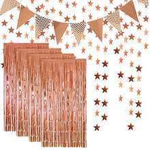 Load image into Gallery viewer, Rose Gold Foil Fringe Metallic Tinsel Curtains Photo Backdrop Set,Flag Bunting Banner,Glitter Paper Star Shape Garland for Birthday Wedding Bachelorette Party Photo Backdrop Door Wall Decorations