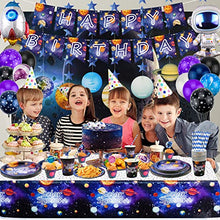 Load image into Gallery viewer, 226 PCS Outer Space Party Supplies - Solar System Planet Balloon, Happy Birthday Banner, Hanging Swirls, Cake Topper, Plates, Napkins, Cup, Tablecloth for Boy Kid Party Decorations, Serves 20 Guest